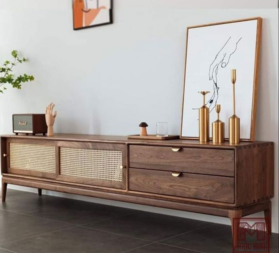 Modern wicker Style Solid wood Tv Unit